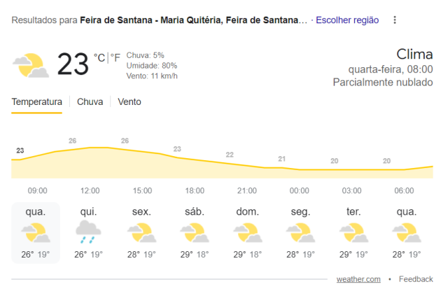 Temperaturas em Feira de Santana - reprodução google