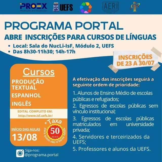 cartaz divulgação programa de idiomas da Uefs